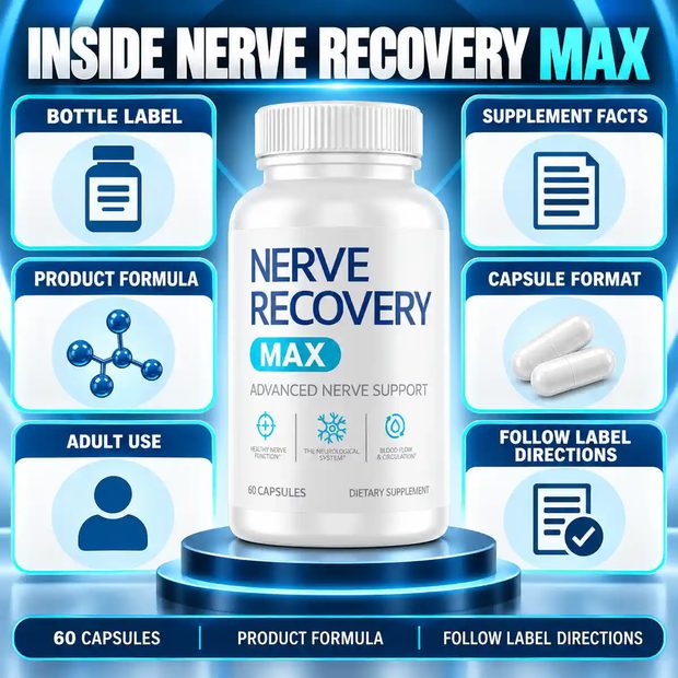 The seller's ingredient graphic, showing framed ingredient cards beside a photograph of the Nerve Recovery Max bottle