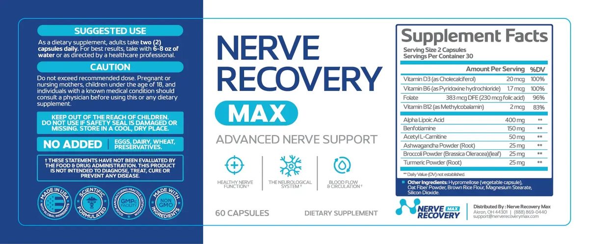 The Nerve Recovery Max label unwrapped, showing the front panel, the Supplement Facts panel and the Other Ingredients and distributor lines